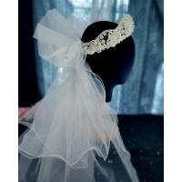 新娘结婚短款蕾丝绢纱网纱蝴蝶结手套春夏季婚纱拍照手套配饰 头纱1 均码