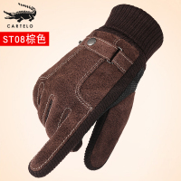 鳄鱼真皮手套男士冬季加绒加厚防风保暖触摸屏冬天摩托车骑行手套 ST08棕色 均码