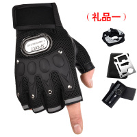 男士半指夏季手套户外运动骑行自行车登山铆钉半截薄款漏指手套男 网布六钉(黑色)礼品一 均码