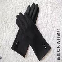 韩版女士秋冬可爱麂皮加绒加厚骑车手套学生保暖开车触屏薄款鹿皮 黑色三扣加绒 触屏 均码