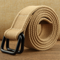 港风工装帆布腰带双环扣男士女士休闲裤腰带青年潮流百搭皮带 浅卡其 105cm
