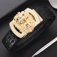 男士皮带真皮自动扣牛皮腰带韩版精神小伙中青年时尚潮流商务裤带 鳄鱼纹黑色+金方形点钻大师自动扣 100cm