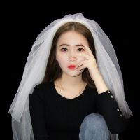 2021新款结婚纱照拍照新娘头纱韩式珍珠简约唯美婚纱头纱短款白色 白色双层裸纱加发梳80-100cm