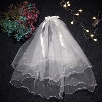 头纱头饰超仙森系短款网红拍照道具新娘主婚纱领证简约复古白色蓬 双层卷边丝带珍珠