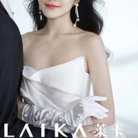 欧美缎面钉珠边米白色结婚新娘手套弹力婚纱礼服手套中长款复古 白色 均码