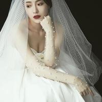 长款婚纱手套新娘全指结婚手套仙韩式蕾丝原创新款白色珍珠网纱款 加长无指款