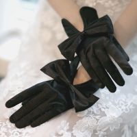 韩式新娘手套婚纱礼服结婚日常演出缎面蝴蝶结白色短款包五指拍照 黑色蝴蝶结手套