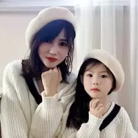 儿童贝雷帽女羊毛秋冬季亲子帽女童贝雷帽洋气可爱韩版百搭八角帽 米白色[清新百搭] 可调节儿童款[47-52cm]