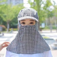 防晒帽子女遮脸夏天干活采茶叶防紫外线遮阳骑车遮脸扎马尾太阳帽 新品黑色格子