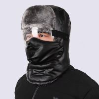 雷锋帽男女冬季保暖骑车套头帽东北老人加厚帽子防寒帽 pu黑色护目镜款