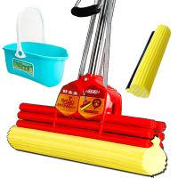 好太太33cm海绵拖把大号擦地吸水拖布家用挤水免手洗胶棉拖一拖 红色三排33cm[共2头]+桶