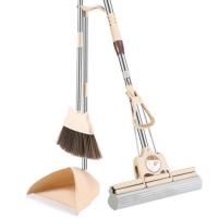 大号胶棉拖把扫把簸箕三件套吸水海绵滚轮挤水式免手洗地拖懒人拖 [特级]33卡其滚轮三件套+1替换头