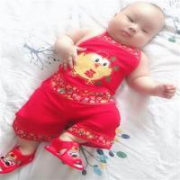 宝宝肚兜套装夏婴儿唐装红肚兜新生儿套装婴儿百天周岁庆生服红 花边金鸡报晓红色 73(约0-6月)