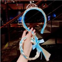 儿童冰雪公主发箍皇冠假发麻花辫头箍女宝宝头纱爱莎女王带钻发饰 蓝色-发箍-水钻皇冠款