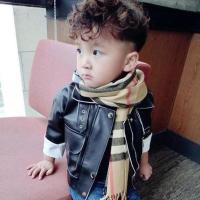 秋冬仿羊绒儿童围巾时尚百搭潮格子围巾男女童学生保暖围巾 驼色粗格