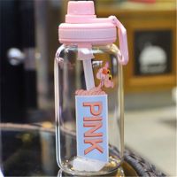 网红水杯ins潮流少女吸管玻璃杯子女学生可爱韩版小清新水杯便携 pin粉红豹提手玻璃杯大号750ml 杯子+杯套+吸管+