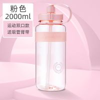 摇摇杯蛋白粉速摇杯健身搅拌运动水杯男带代餐奶昔大容量刻度杯子 粉色2L[大容量吸管杯+背带]