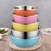 不锈钢盆五件套圆形厨房家用加深加厚盆套装汤盆打蛋和面盆洗菜盆 [特厚]5件:4个彩色实盆+1个漏盆 特大号24+26+2