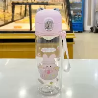 可爱小学生少女心弹跳盖塑料杯卡通超萌ins妹子闺蜜孕妇可泡茶杯 豆豆熊塑料杯(大号500ml)粉色 单杯+杯刷+杯垫+贴