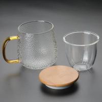 玻璃花茶杯带内胆茶水分离办公室茶杯女带手把日式大号梅花案水杯 黄把玲珑杯内胆+木盖