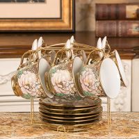 咖啡杯套装英式红茶杯陶瓷水杯子欧式茶具6件套家用办公室马克杯 蝴蝶6杯碟勺+架子