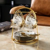 镀金陶瓷咖啡杯套装4件套简约日式现代轻奢时尚家用客厅茶具茶杯 金杯4杯碟勺送杯架