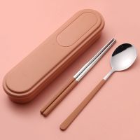 304不锈钢筷子勺子消毒餐具收纳盒单人装便携外带套装三件套学生 暮色橙[含紫外线消毒灯] [防滑喷漆]勺子+叉子+筷子