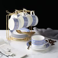 欧式陶瓷咖啡杯碟套装小奢华简约杯碟带架子托碟勺子6件套装 PDD-新直身咖啡杯蓝金边6杯碟