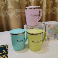 304不锈钢儿童水杯女学生韩版可爱马克杯办公家用防摔烫带盖杯子 天空蓝+清新绿+罗兰紫 送加厚不锈钢勺