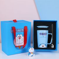 哆啦A梦水杯女学生韩版可爱马克杯陶瓷带盖勺咖啡杯子家用情侣男 [官方授权,哆啦A梦]萌趣蓝色-礼盒装-盖-银勺