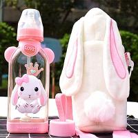 送女朋友专用奶瓶玻璃吸管杯成人儿童奶嘴杯大人学生少女可爱网红 奶嘴款皇冠蝴蝶兔+白兔斜挎套 收藏送杯刷