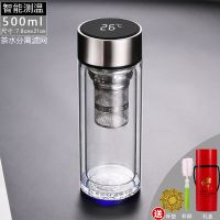 显温双层玻璃杯男女士泡茶喝水杯子茶水分离高档智能测温网红茶杯 测温 蓝底500ml(茶水分离滤网)