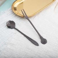 花朵勺不锈钢韩式勺子炫彩樱花勺花朵叉子咖啡搅拌勺冰淇淋甜品勺 钨金 玫瑰勺叉2支装