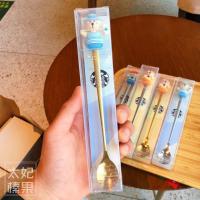 星巴克小熊公仔搅拌勺创意卡通小动物不锈钢长勺子奶茶咖啡搅拌棒 漫步小熊金色勺子