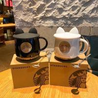 陶瓷马克杯大容量创意星巴克鱼鳞铜牌杯子咖啡杯带盖勺情侣水杯 黑白色鱼鳞对杯带猫儿盖勺杯垫礼盒装