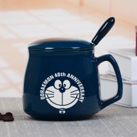 哆啦A梦卡通可爱杯子叮当猫陶瓷杯马克杯带盖勺男女学生杯子雕刻 早餐杯亮光深蓝 叮当猫+盖勺【黑色礼盒装】