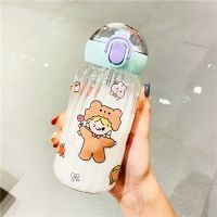 韩式弹盖水杯女便携可爱吸管玻璃杯ins潮流简约清新儿童水杯 冰雪蓝400ml 单杯+杯刷+吸管刷+贴纸+背带