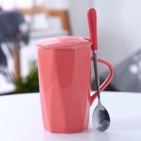 创意陶瓷杯子 简约马克杯带盖带勺子情侣杯办公室饮水杯 可爱杯子 几何杯亮面[红色]JB02