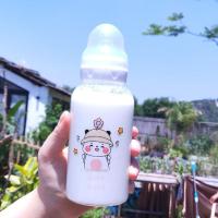 韩版可爱水杯刻度吸管奶瓶成人创意玻璃杯女学生奶嘴杯子随手杯 黄色小熊 单杯+杯刷+防滑套