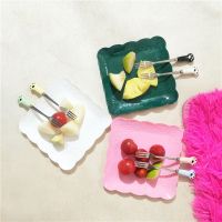 水果叉网红月饼叉创意卡通猫爪陶瓷不锈钢小叉子可爱蛋糕叉沙拉叉 猫爪6支水果盘3个