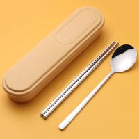 韩式304不锈钢餐具套装筷子勺子叉子学生可爱创意便携餐具三件套 新国潮-芒果黄 防滑喷漆304 筷+勺+叉+盒+网袋