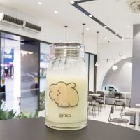 ins网红可爱熊熊玻璃杯卡通加厚耐热水杯韩式男女学生情侣随手杯 贪玩小兔450ML透明玻璃杯 单杯+杯套+布袋+杯刷+杯