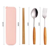 木质可爱筷子勺子套装学生便携餐具单人收纳盒不锈钢勺叉筷三件套 粉色勺叉筷盒套装