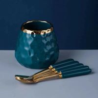 家用水果叉欧式餐具勺子叉子创意陶瓷收纳罐套装不锈钢304 金边墨绿色浮雕罐+5支小勺子