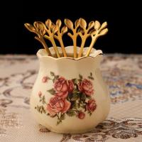 欧式水果叉套装不锈钢叉子创意可爱韩国时尚家用月饼叉水果签果插 海浪玫瑰罐+8个金叶叉