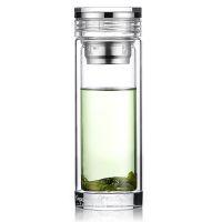 耐高温防爆高档喝水杯男士水晶杯子双层透明玻璃杯带盖家用泡茶杯 马到成功水晶浮雕-360ML无字款 礼盒装