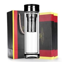 高档水晶双层玻璃水杯男商务加厚透明茶杯学生带微保温便携杯子女 黑水晶380高档手提礼盒