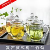 家用水杯玻璃杯带把套装加厚耐热茶杯带盖透明喝水杯子男办公泡茶 新款梅兰竹菊4只