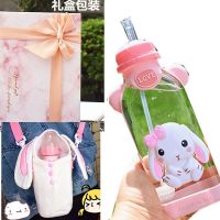 创意潮流可爱成人奶瓶学生儿童少女吸管杯奶嘴杯扁水杯便携两用杯 吸管嘴+普通盖+精美包装+白兔斜挎套 +立体蝴蝶兔350毫