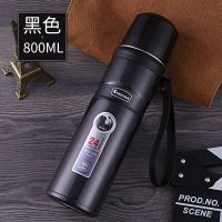 316不锈钢保温杯大容量800ML水杯女学生便携户外运动双盖车载水壶 加厚316黑色800ML送杯套杯刷